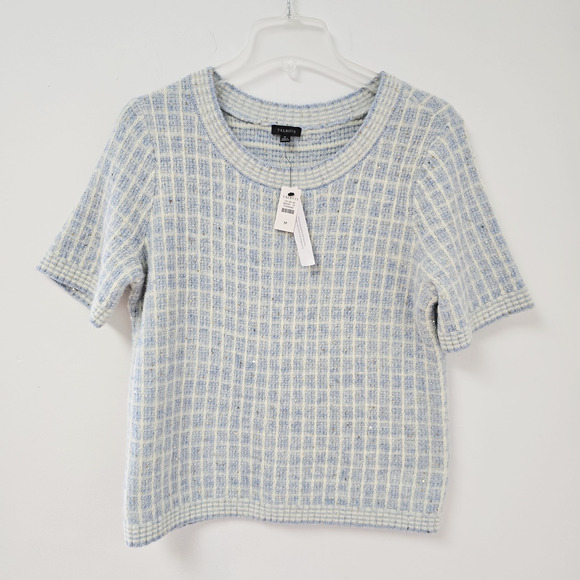 Talbots M Crewneck Sweater Sequin Plaid Blue Short Sleeve Preppy Academic NWT - Picture 1 of 12